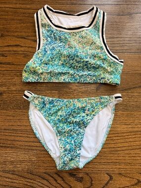 Zella girls Two-Piece Blue Green Speckled Bikini Set with Contrast Trim